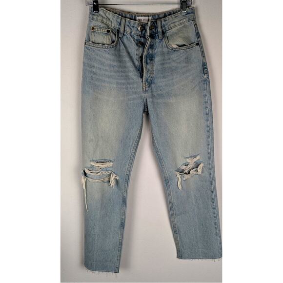 Zara High Rs Distressed Straight Leg Jeans Size 4 Light Button Fly Ripped Knees - Picture 1 of 14
